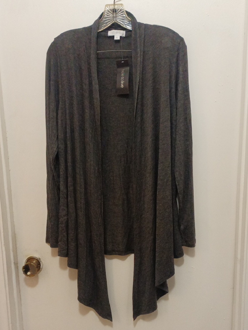 Free to Live Dark Gray Draped Open-Front Cardigan.